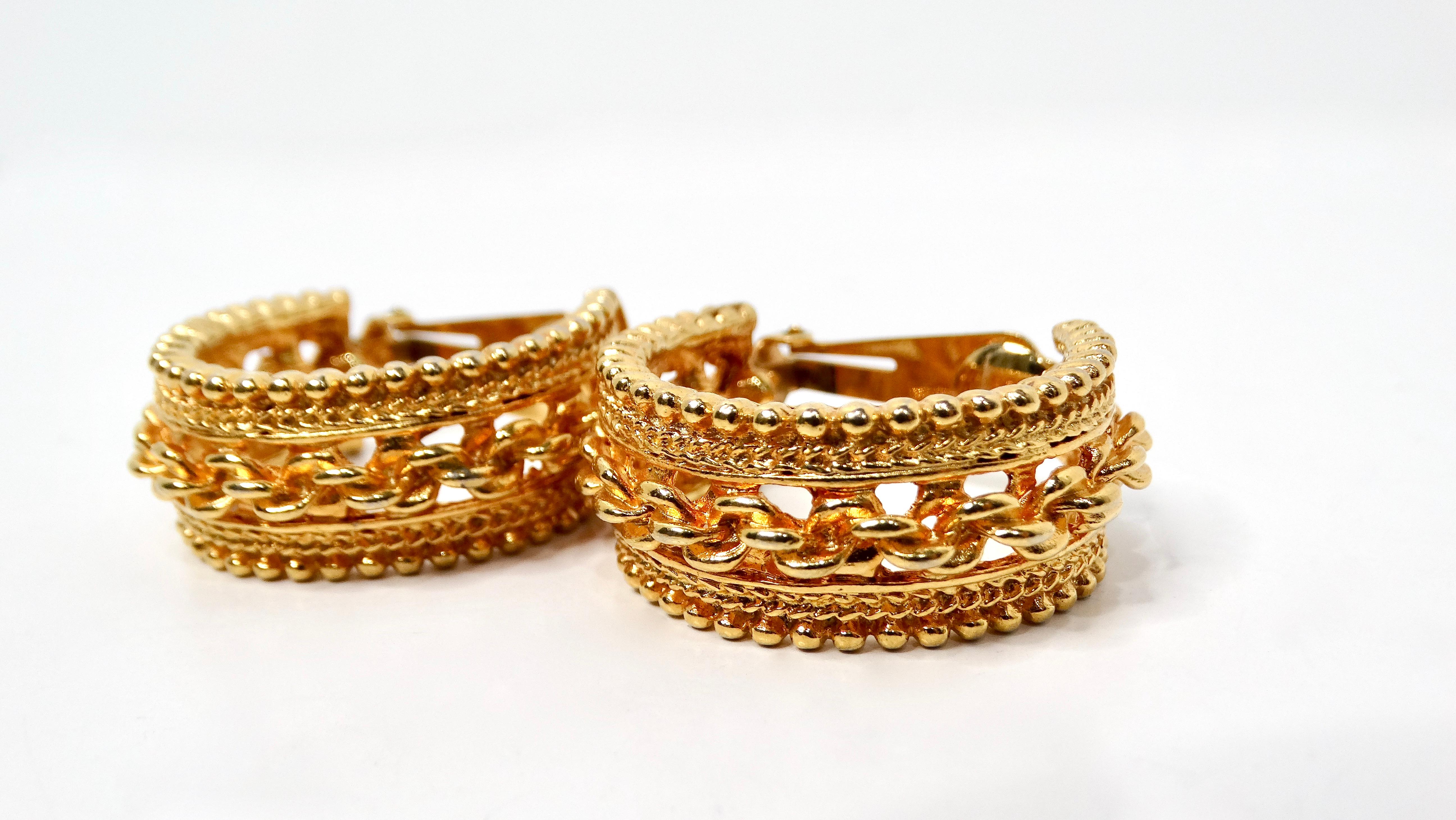 Chanel Inspired Gold-Tone Braided Chain Detailed Clip-On Hoop Earrings In Good Condition For Sale In Scottsdale, AZ