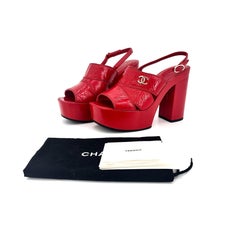 Chanel Interlocking CC Crumpled Patent Lambskin Red Platform Sandals 37