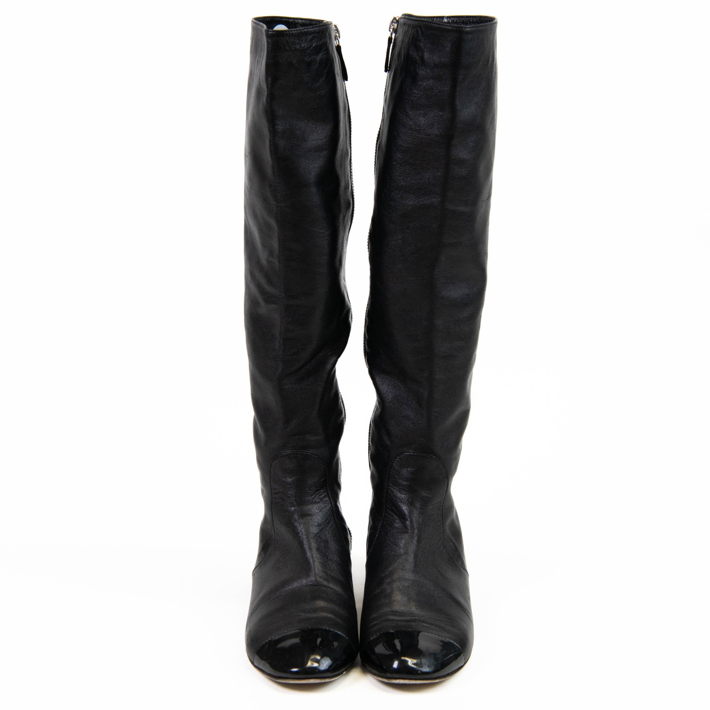 Women's Chanel Interlocking CC Logo Black Leather Riding Boots Size 36.5