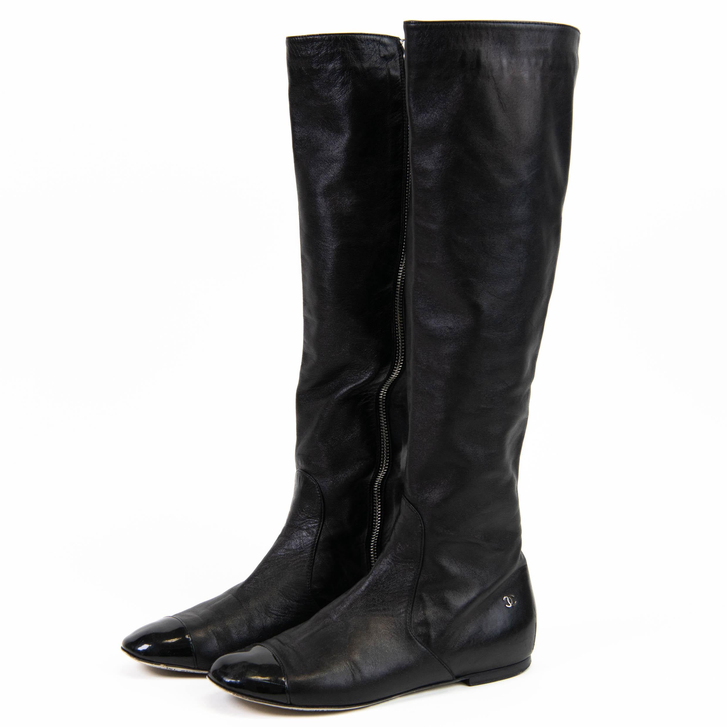 Chanel Interlocking CC Logo Black Leather Riding Boots Size 36.5 1