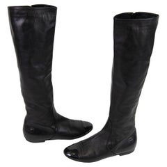 Chanel Interlocking CC Logo Black Leather Riding Boots Size 36.5