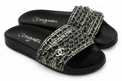 Chanel Interlocking CC Logo Tweed Slides Black