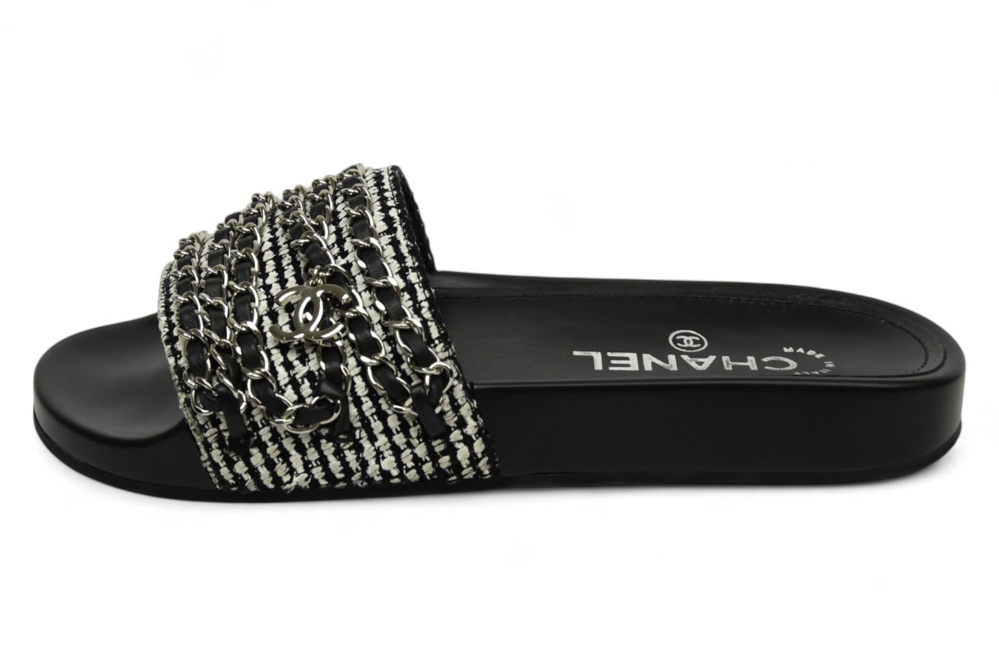 Women's Chanel Interlocking CC Logo Tweed Slides Black For Sale