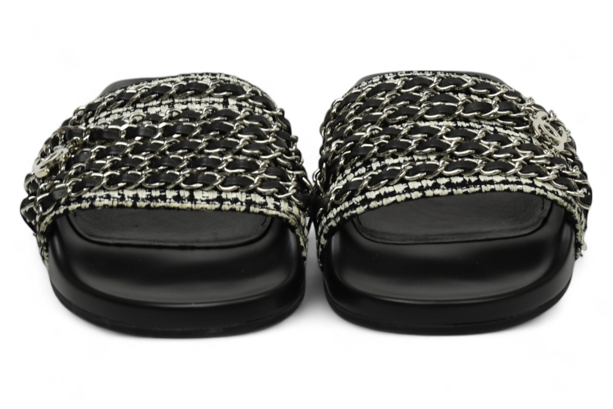 Chanel Interlocking CC Logo Tweed Slides Black For Sale 1