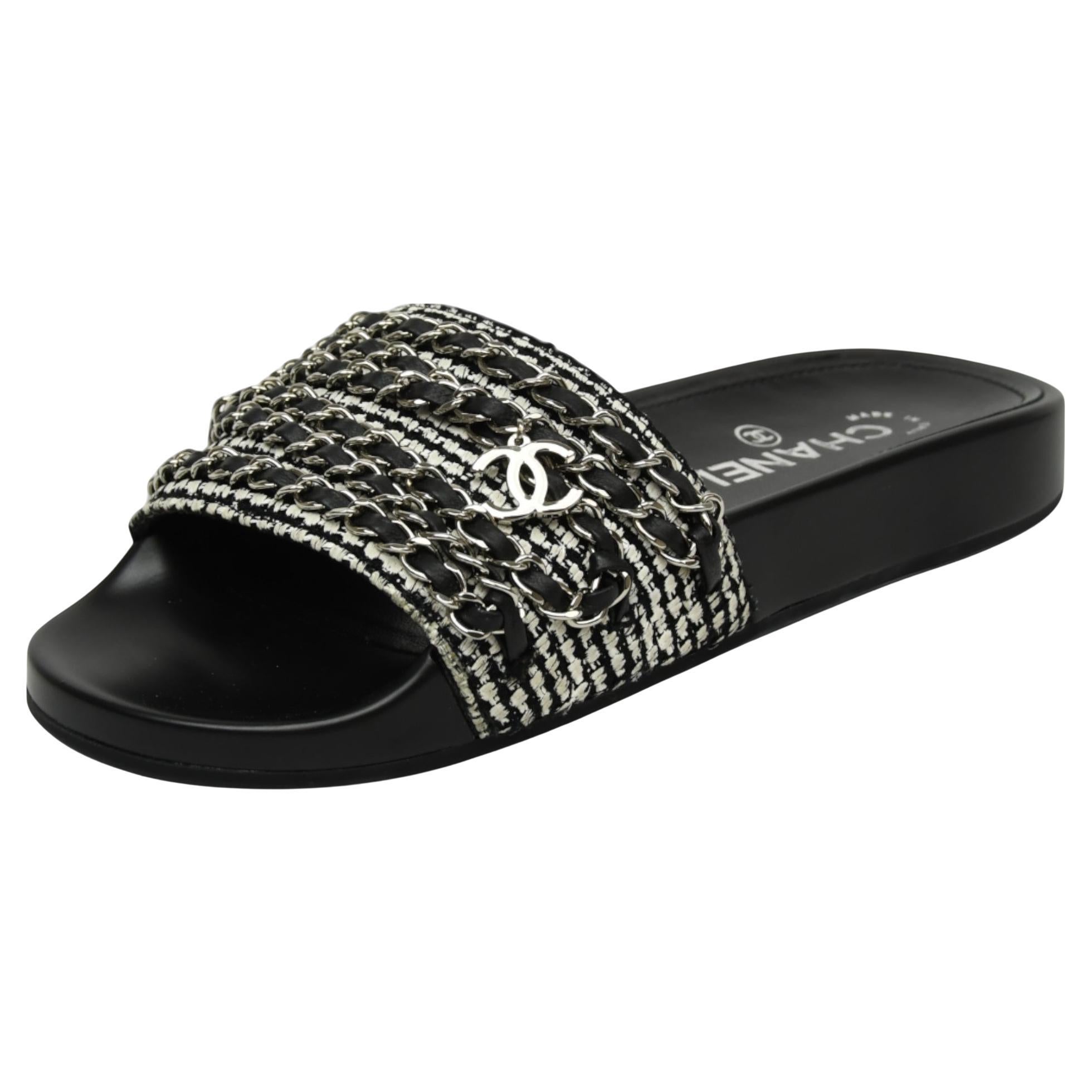 Chanel Interlocking CC Logo Tweed Slides Black For Sale