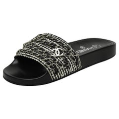 Chanel Interlocking CC Logo Tweed Slides Black