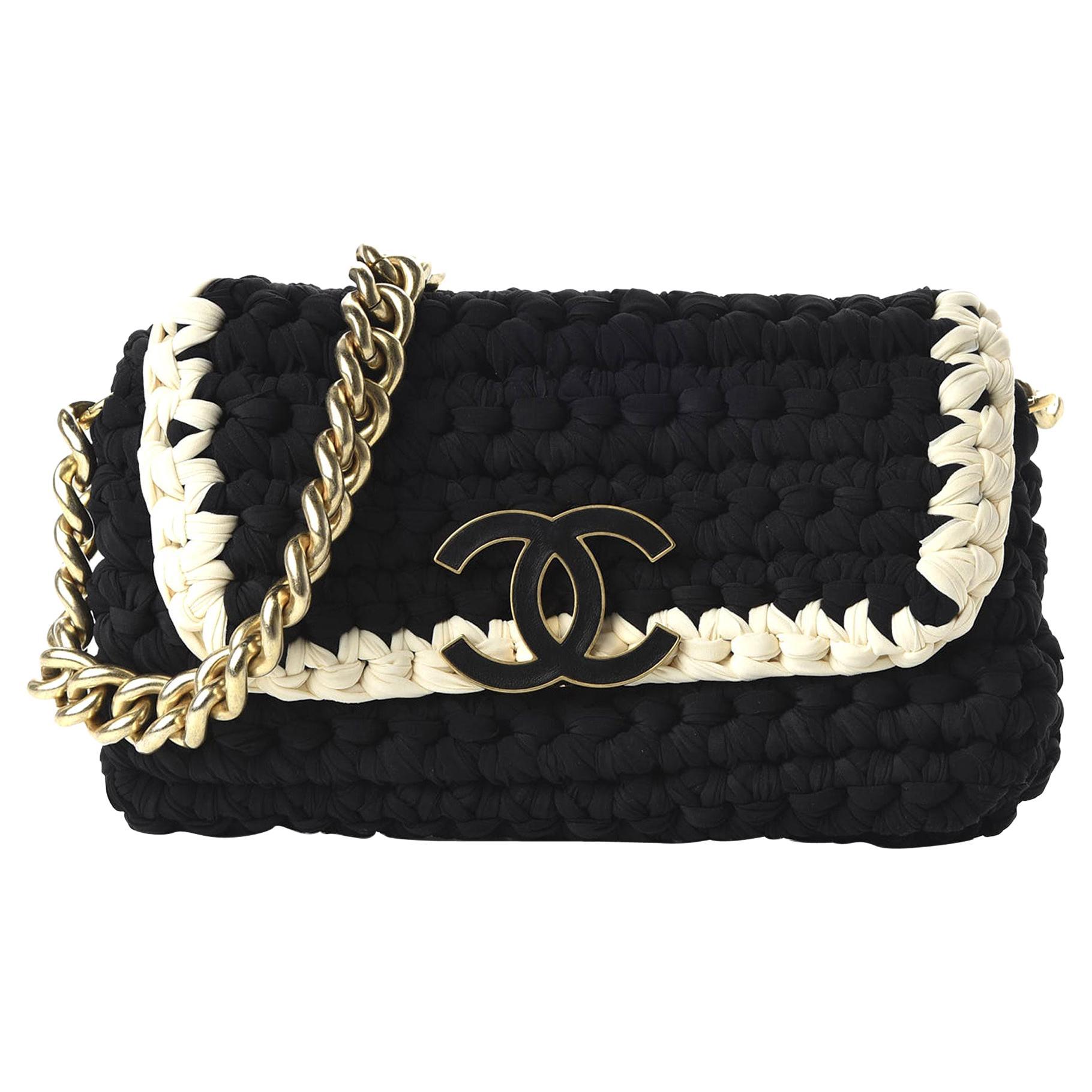 Chanel Interwoven Woven Crochet Bicolor Two Tone Medium Black & White Flap Bag For Sale