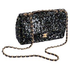 Chanel Bolso Solapa Lentejuelas Negro Iridiscente Mediano