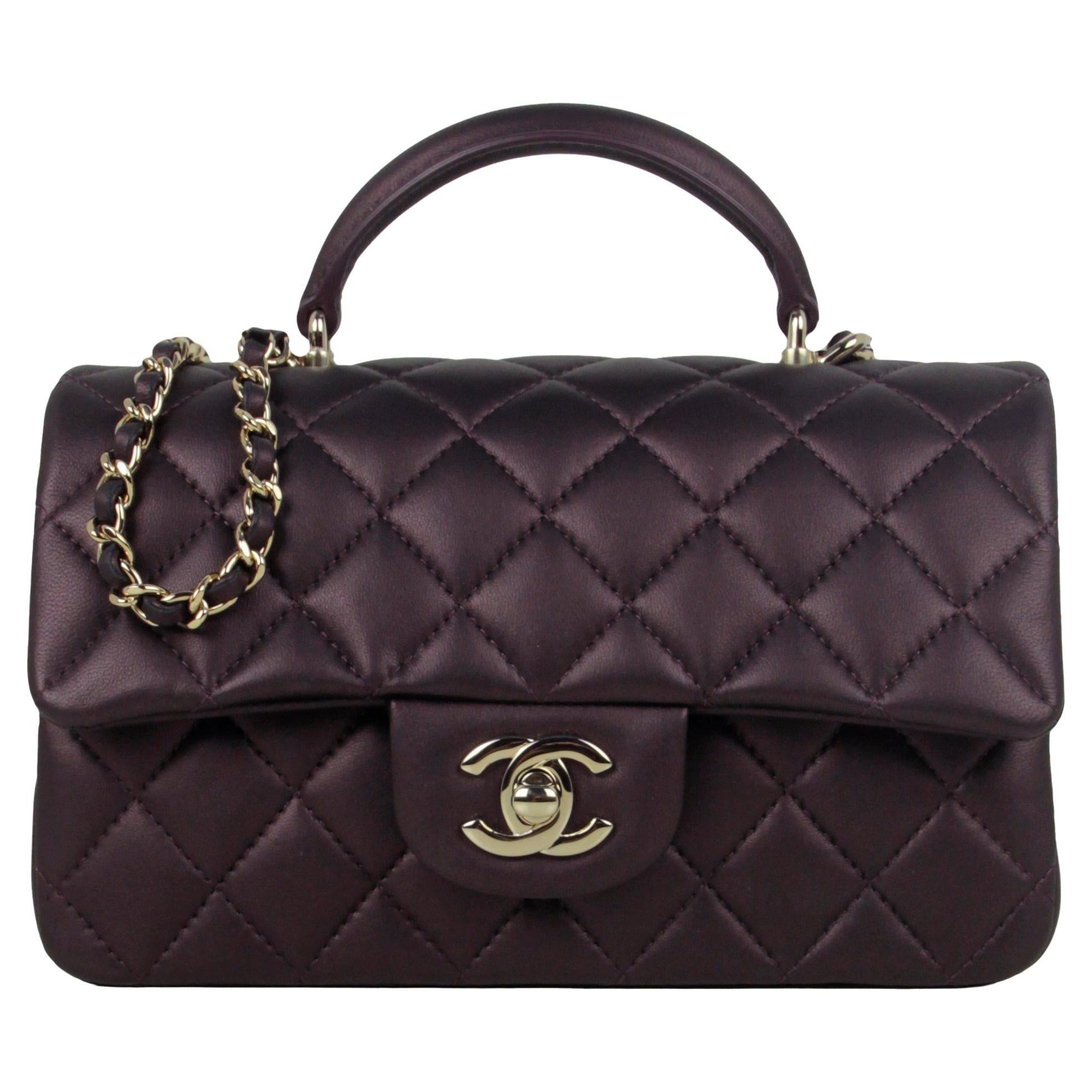 Chanel Iridescent Burgundy Lambskin Quilted Mini Top Handle Rectangular Flap Bag