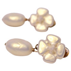 Chanel Iridescent Camellia Costume Pearl Drop Clip-On Earrings circa 1998
