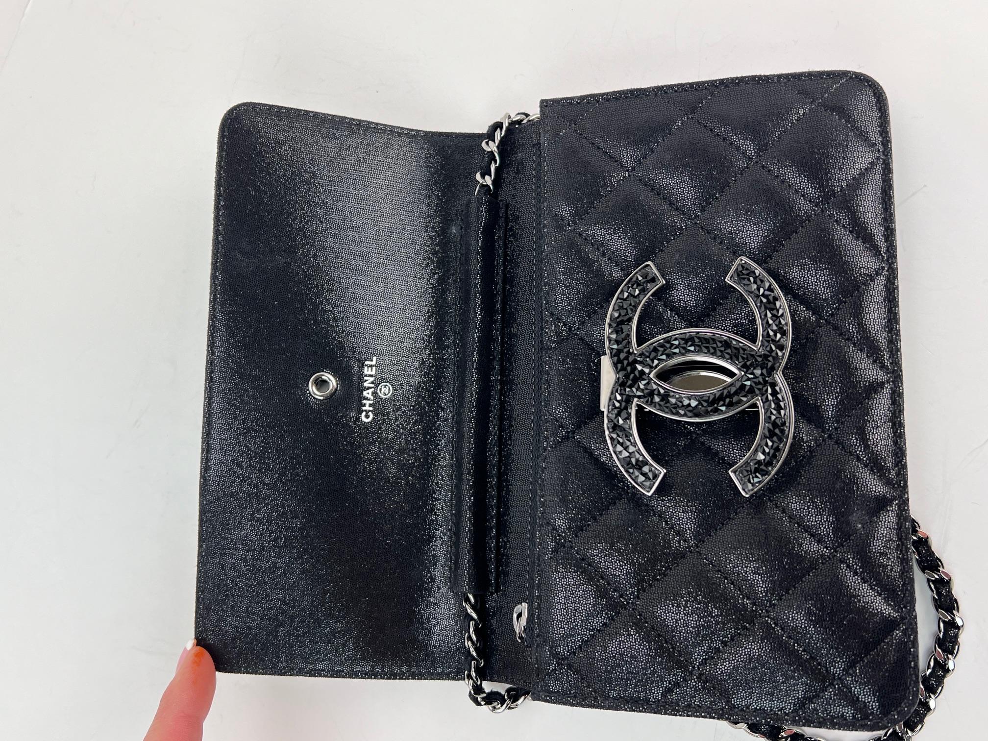 Women's or Men's Chanel Iridescent Caviar Crystal Quilted Wallet on a Chain Clutch Bag