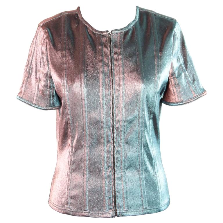 Chanel Iridescent Changing Lame Short Sleeve Jacket Zip Front Top Size 40