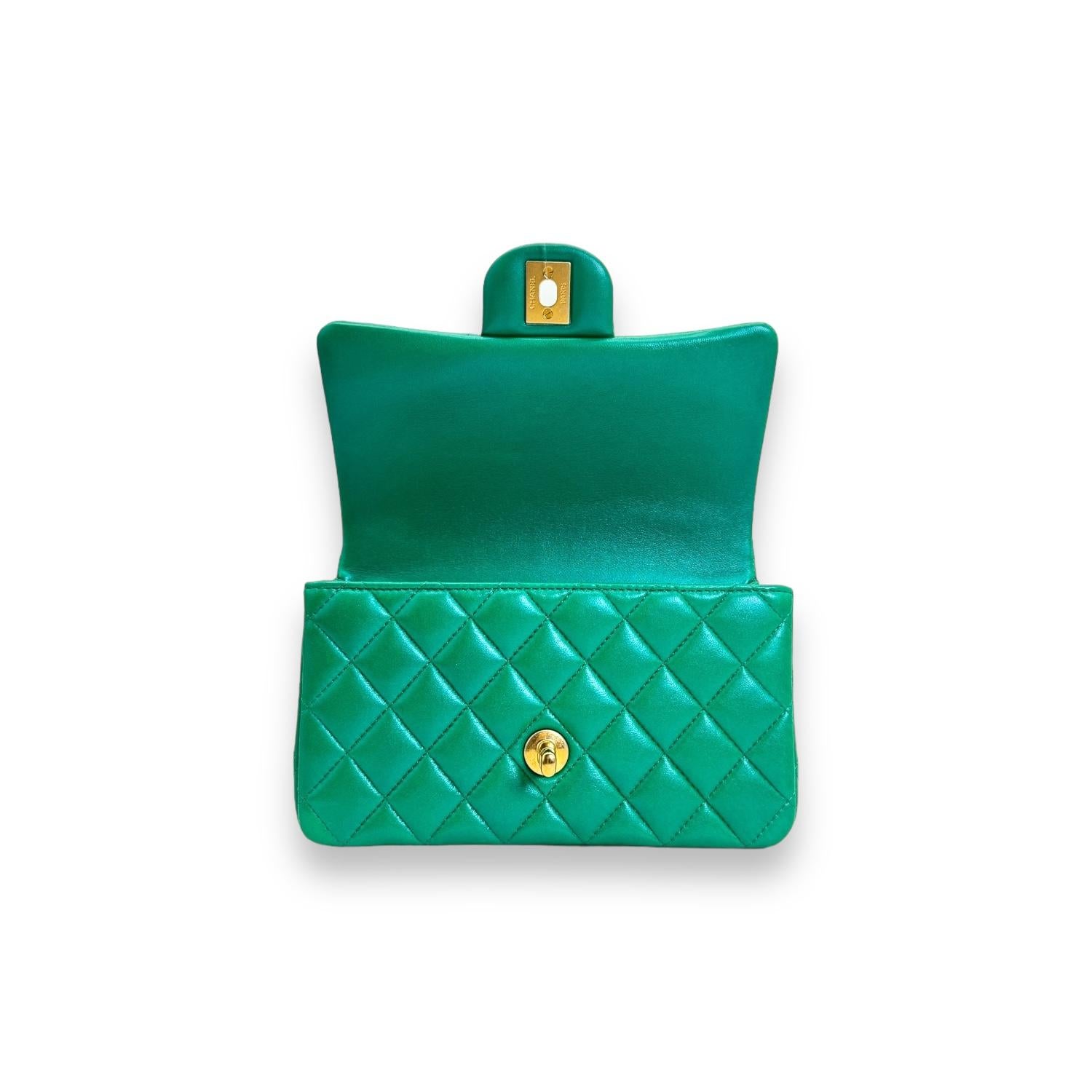 Chanel Iridescent Green Lambskin Quilted Mini Top Handle Flap 3