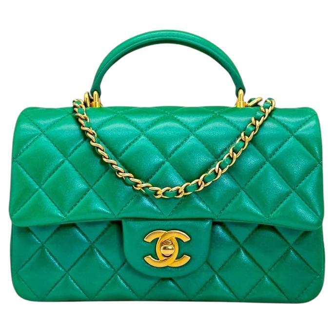 Chanel Iridescent Green Lambskin Quilted Mini Top Handle Flap