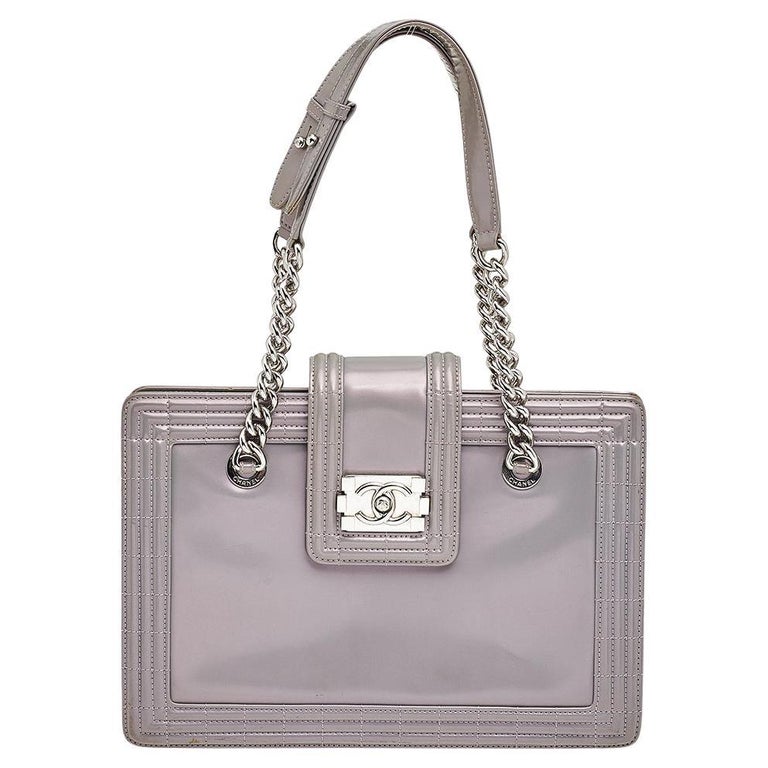Iridescent Grey Patent Leather Flap Tote For Sale at 1stDibs | grey tote iridescent bag, iridescent grey bag, chanel shopper