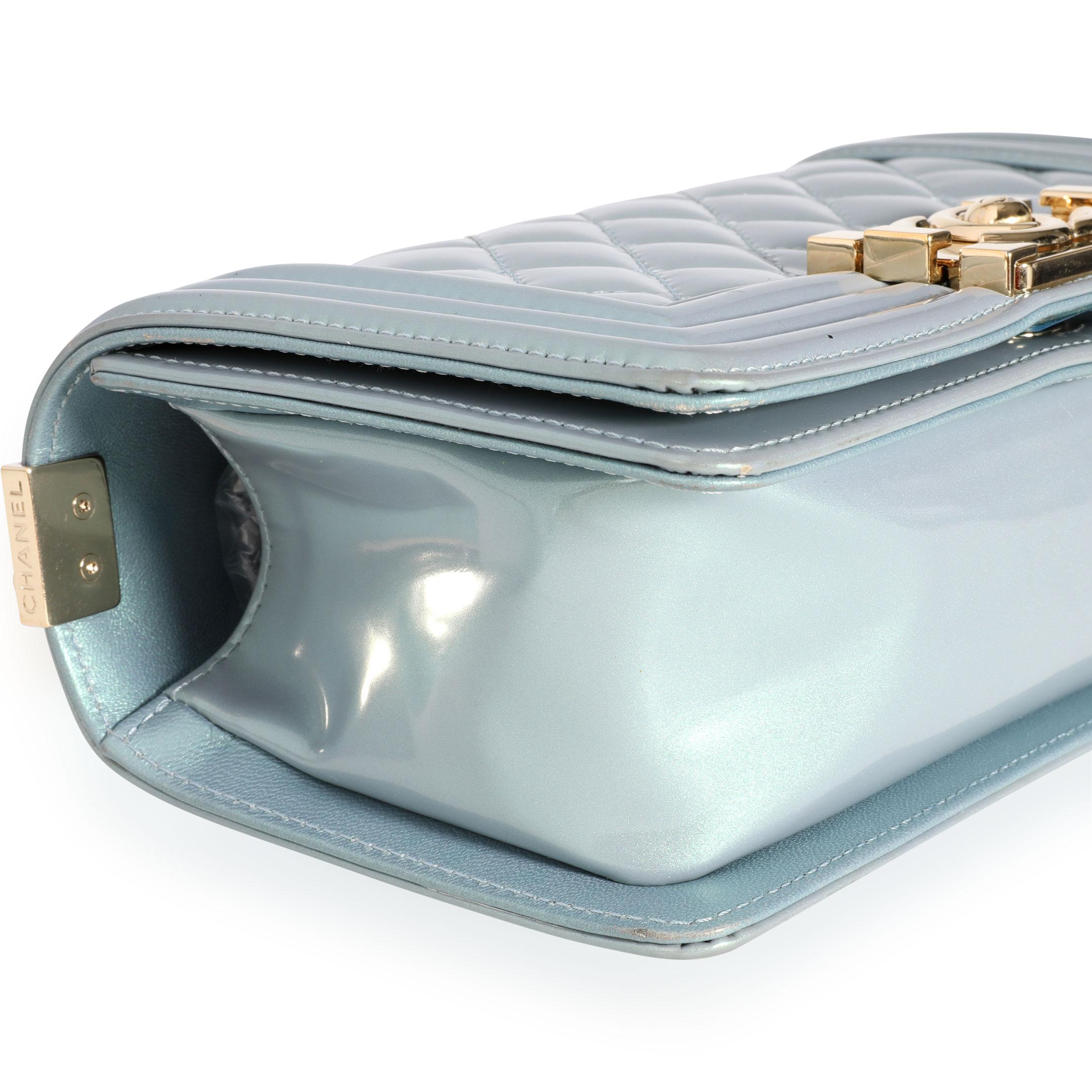 Gray Chanel Iridescent Light Blue Patent Leather Small Boy Bag