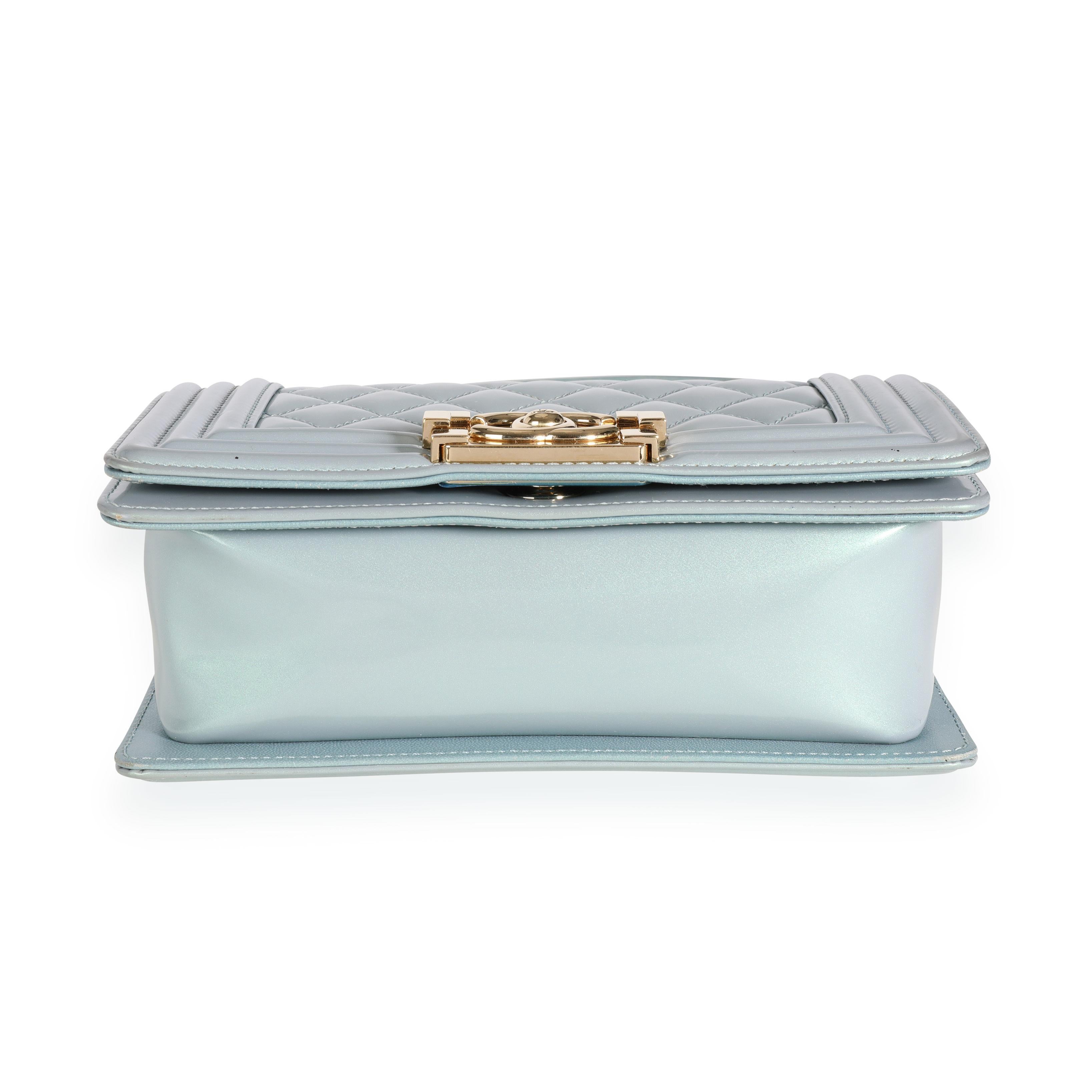 Chanel Iridescent Light Blue Patent Leather Small Boy Bag In Good Condition In New York, NY