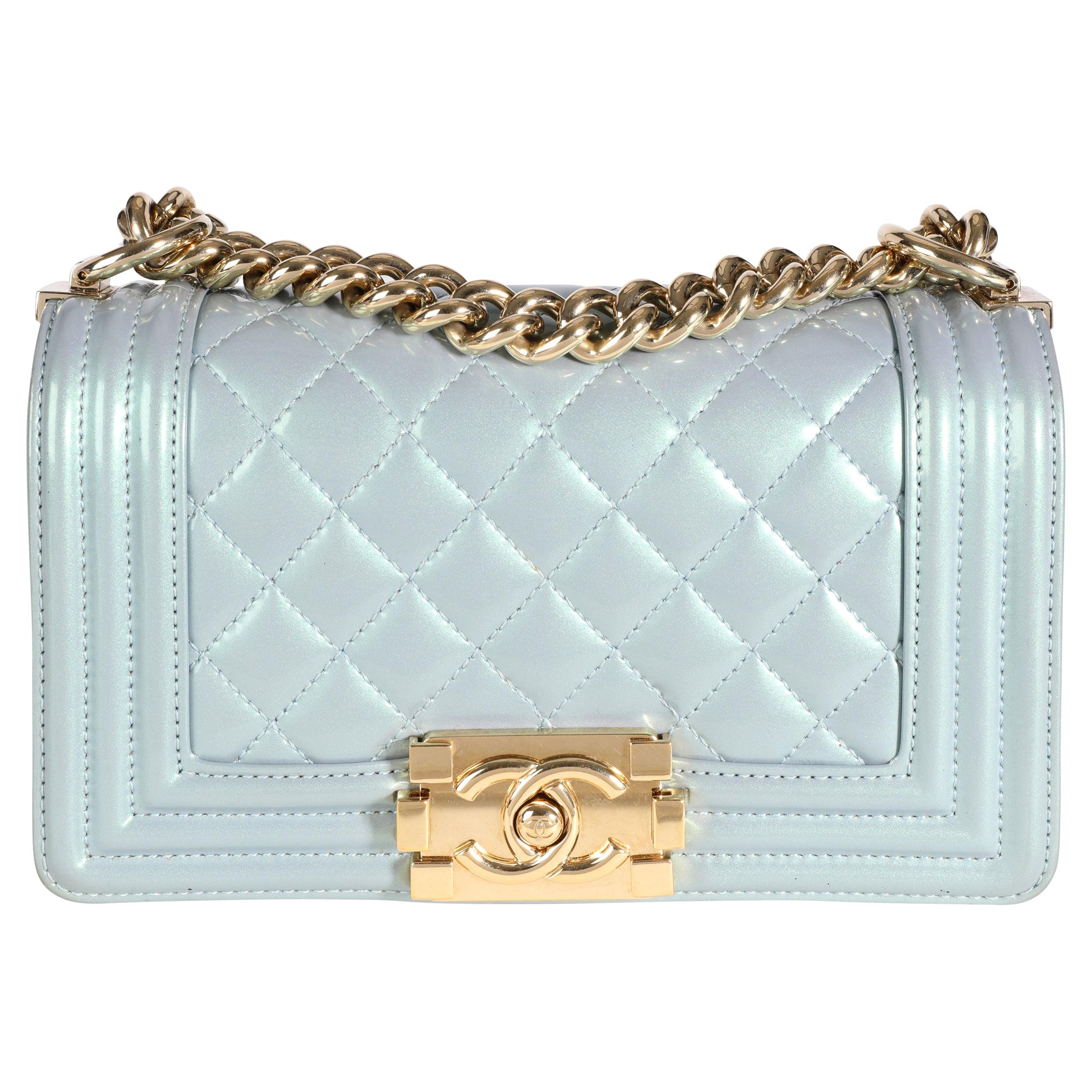 Chanel Iridescent Light Blue Patent Leather Small Boy Bag For Sale at  1stDibs  chanel boy bag small price, light blue chanel boy bag, baby blue  chanel boy bag