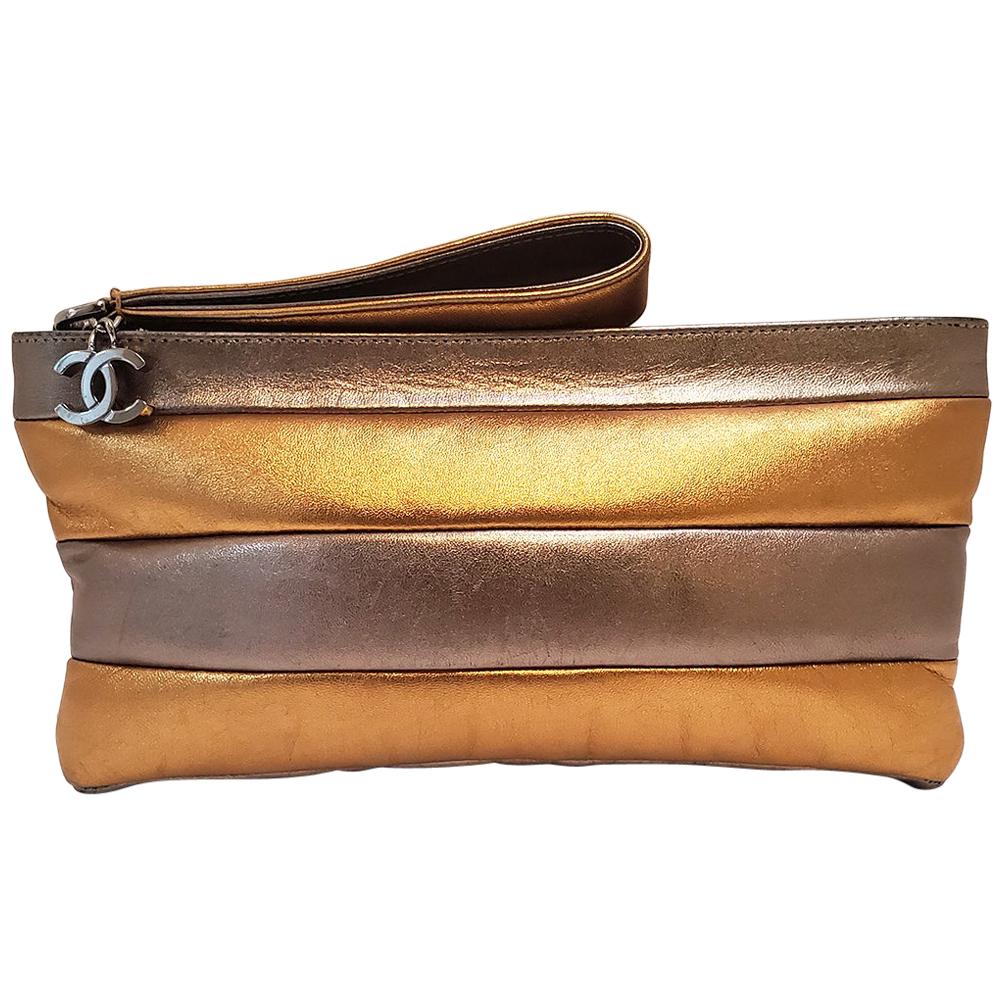 Chanel Iridescent Metallic Gold and Silver Striped Wristlet Handbag For Sale