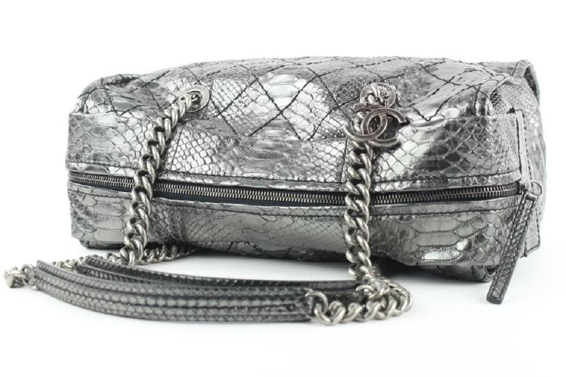 Women's Chanel Iridescent Metallic Silver Python Bowler Chain Boston Bag 671cas318