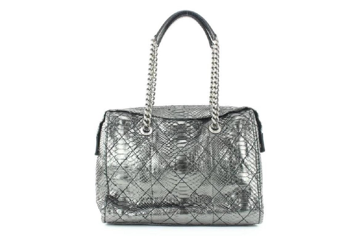 Chanel Iridescent Metallic Silver Python Bowler Chain Boston Bag 671cas318 1