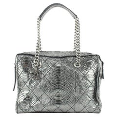 Chanel Iridescent Metallic Silver Python Bowler Chain Boston Bag 671cas318