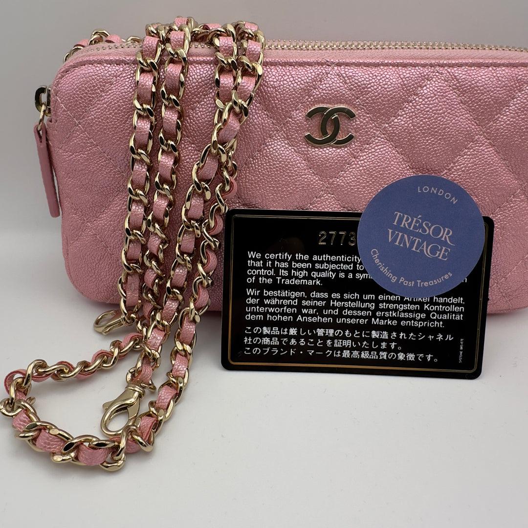 Chanel Iridescent Pearly Pink Caviar Phone Clutch on Chain Detachable Strap Ligh For Sale 7