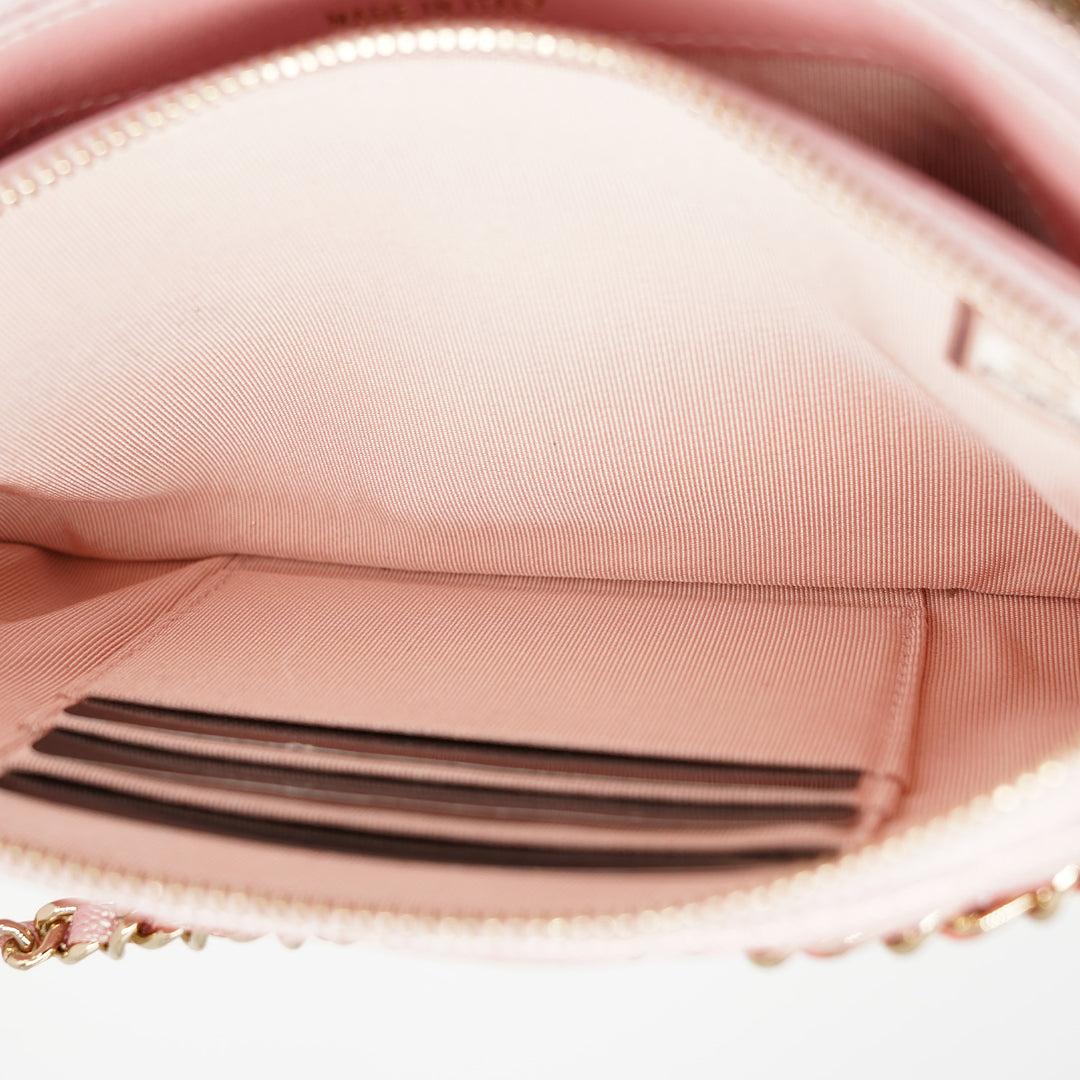 Women's or Men's Chanel Iridescent Pearly Pink Caviar Phone Clutch on Chain Detachable Strap Ligh For Sale