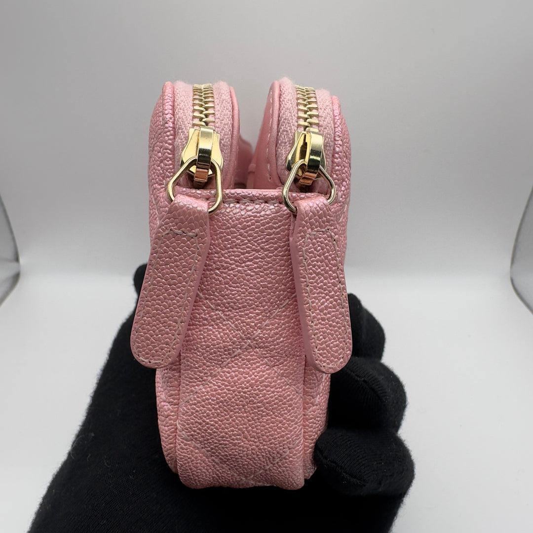 Chanel Iridescent Pearly Pink Caviar Phone Clutch on Chain Detachable Strap Ligh For Sale 2