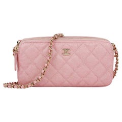 Chanel Iridescent Pearly Pink Caviar Phone Clutch on Chain Detachable Strap Ligh