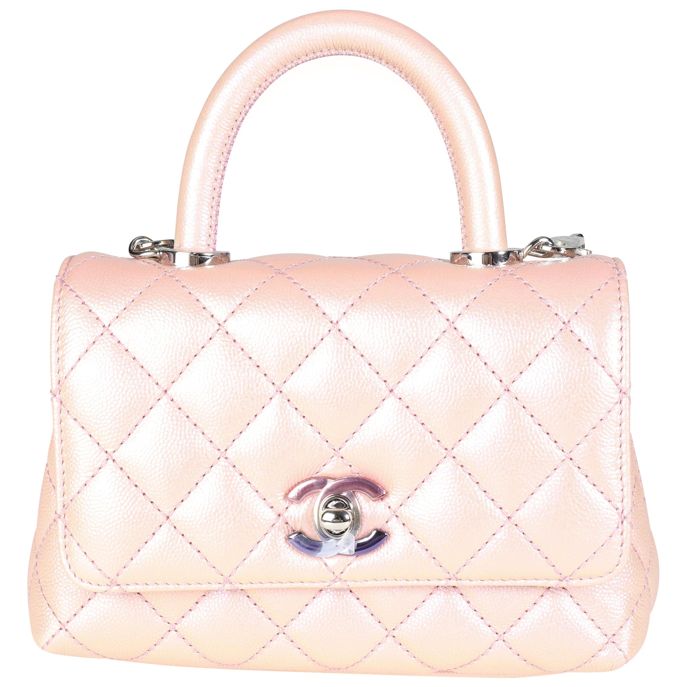 Chanel schillernde rosa gesteppte Kaviar Coco Top Handle Extra Mini-Klappentasche