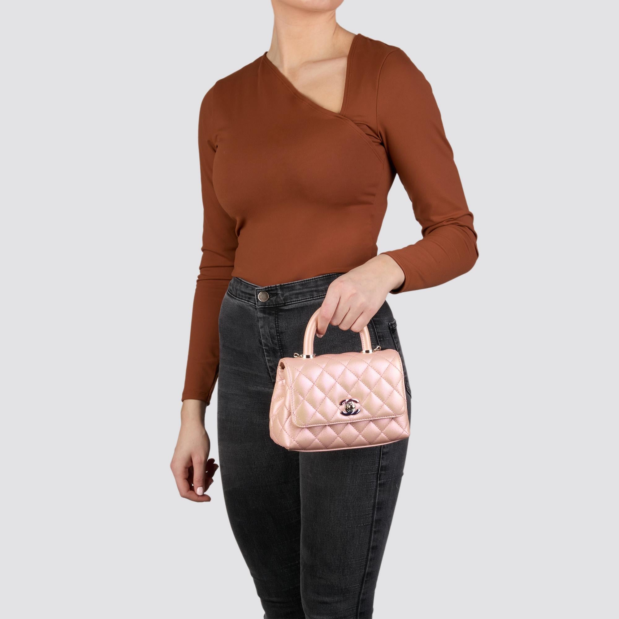 CHANEL Iridescent Pink Quilted Caviar Leather Mini Coco Top Handle 7