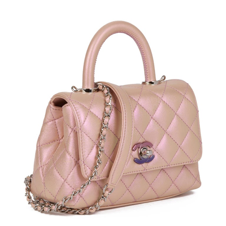 CHANEL Iridescent Pink Quilted Caviar Leather Mini Coco Top Handle