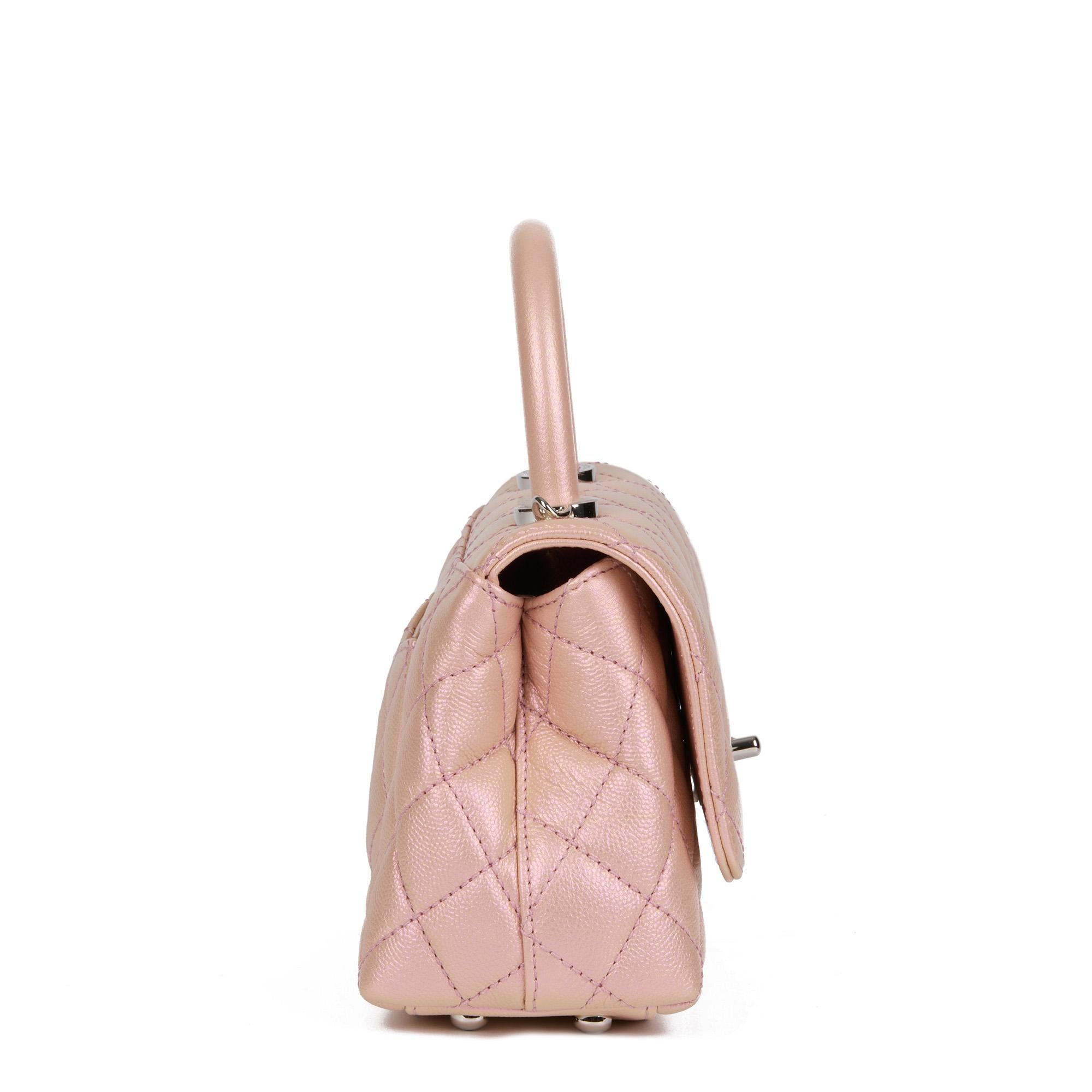 Beige CHANEL Iridescent Pink Quilted Caviar Leather Mini Coco Top Handle