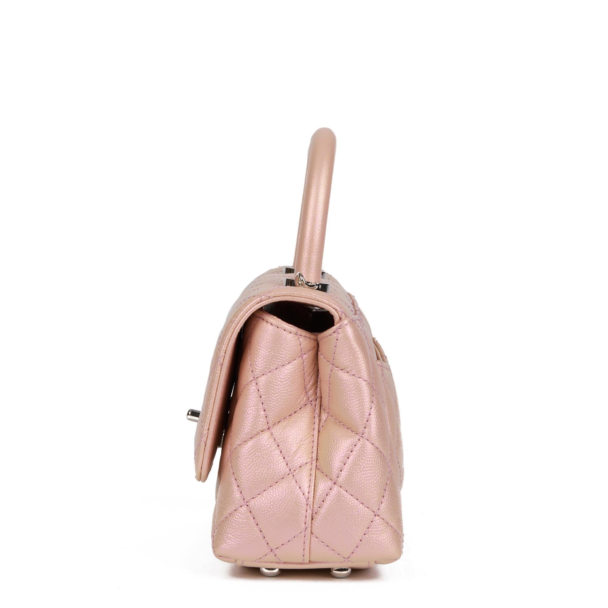 CHANEL Iridescent Pink Quilted Caviar Leather Mini Coco Top Handle In Excellent Condition In Bishop's Stortford, Hertfordshire