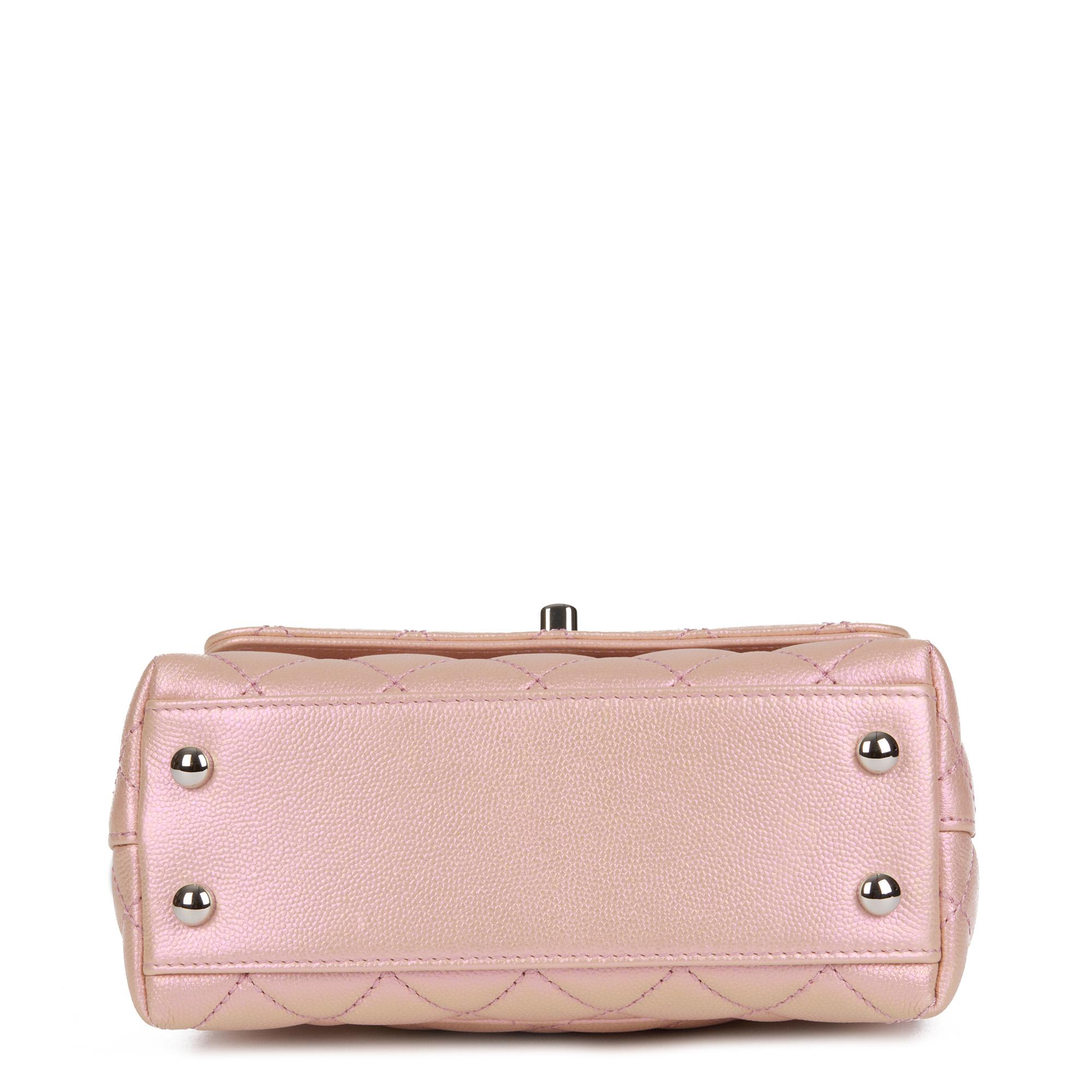 Beige CHANEL Iridescent Pink Quilted Caviar Leather Mini Coco Top Handle For Sale