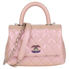 CHANEL Iridescent Pink Quilted Caviar Leather Mini Coco Top Handle