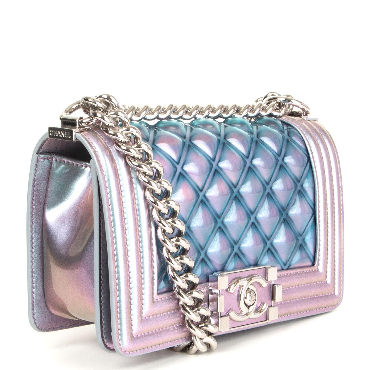Chanel 'Water Boy Small' shoulder bag in iridescent light purple, blue and light turquoise PVC and patent calfskin featuring silver-tone chunky chain link. Limited edition from the spring/summer 2018 runway. Opens with a front flap and the Boy