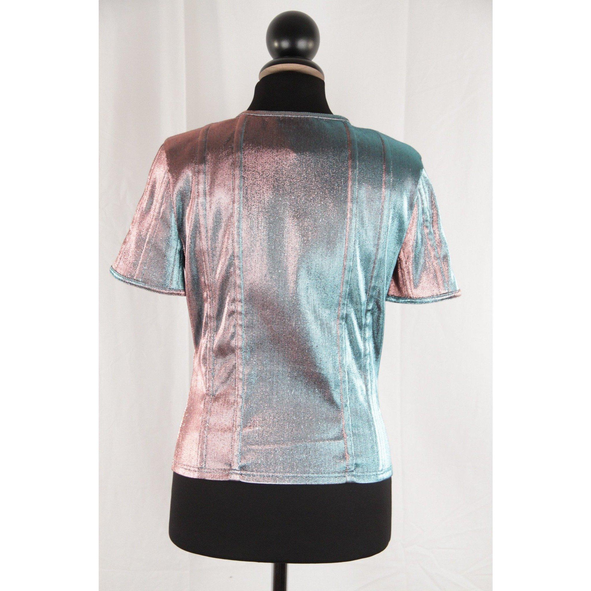 Chanel Iridescent Changing Lame Short Sleeve Jacket Zip Front Top Size 40 In Excellent Condition In Rome, Rome