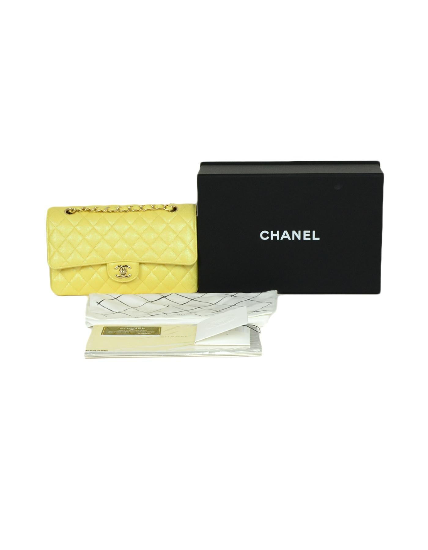 Chanel Iridescent Yellow Quilted Caviar Leather Medium Double Flap Classic Bag 3