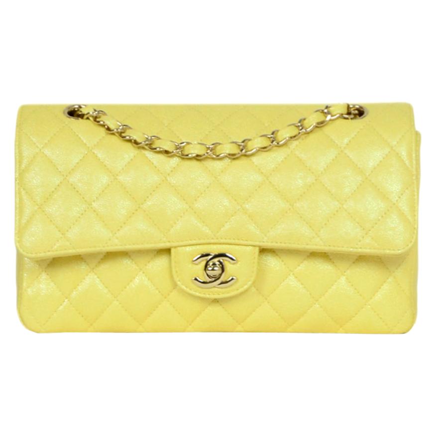 Chanel Iridescent Yellow Quilted Caviar Leather Medium Double Flap Classic Bag