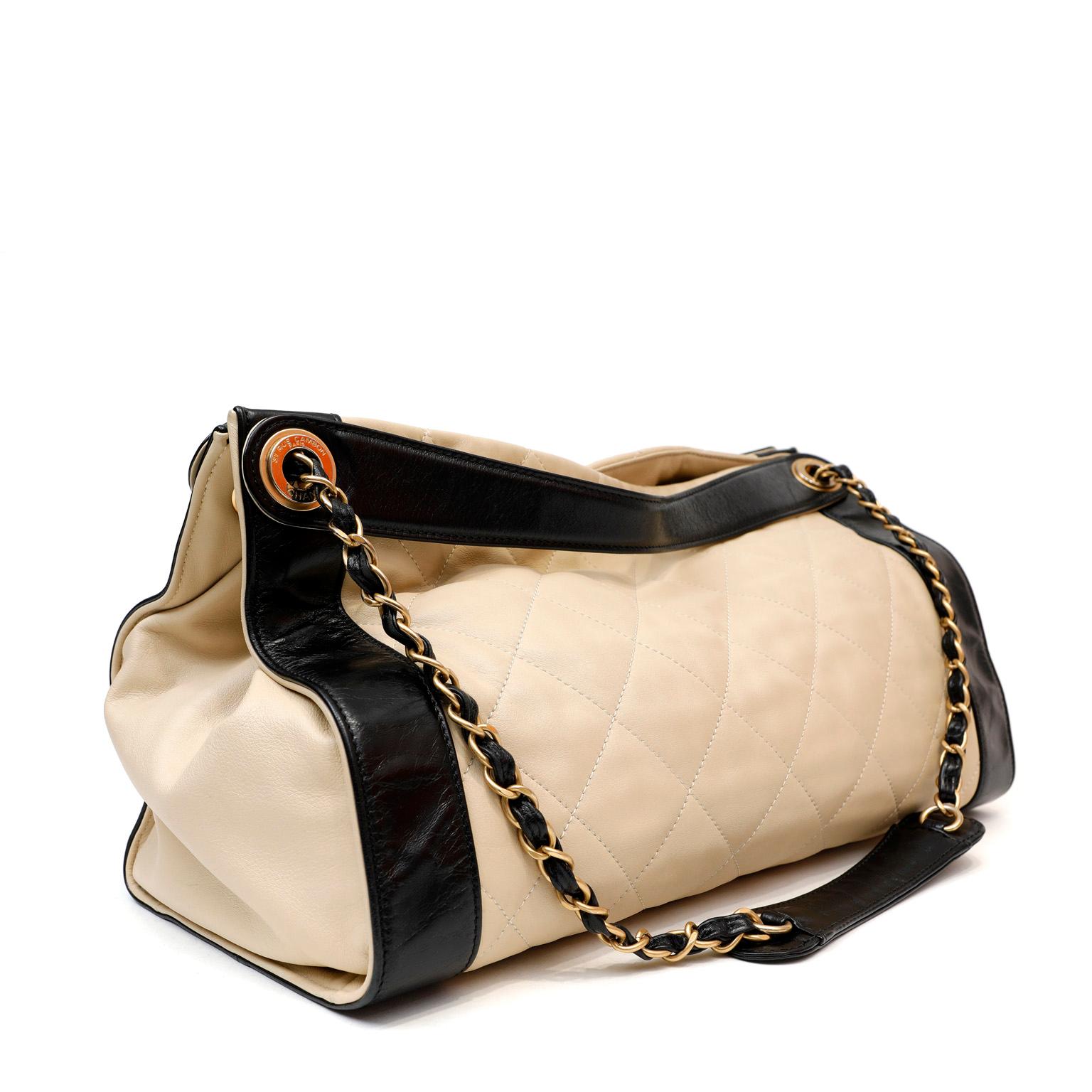 White Chanel Ivory and Black Quilted Leather Tote