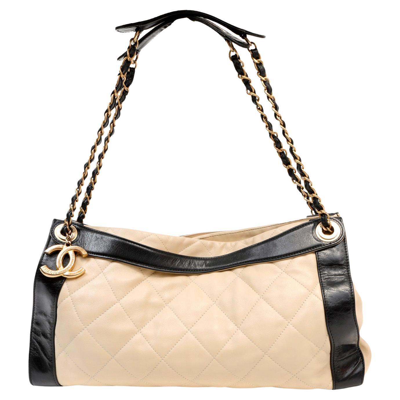 Chanel Ivory and Black Quilted Leather Tote