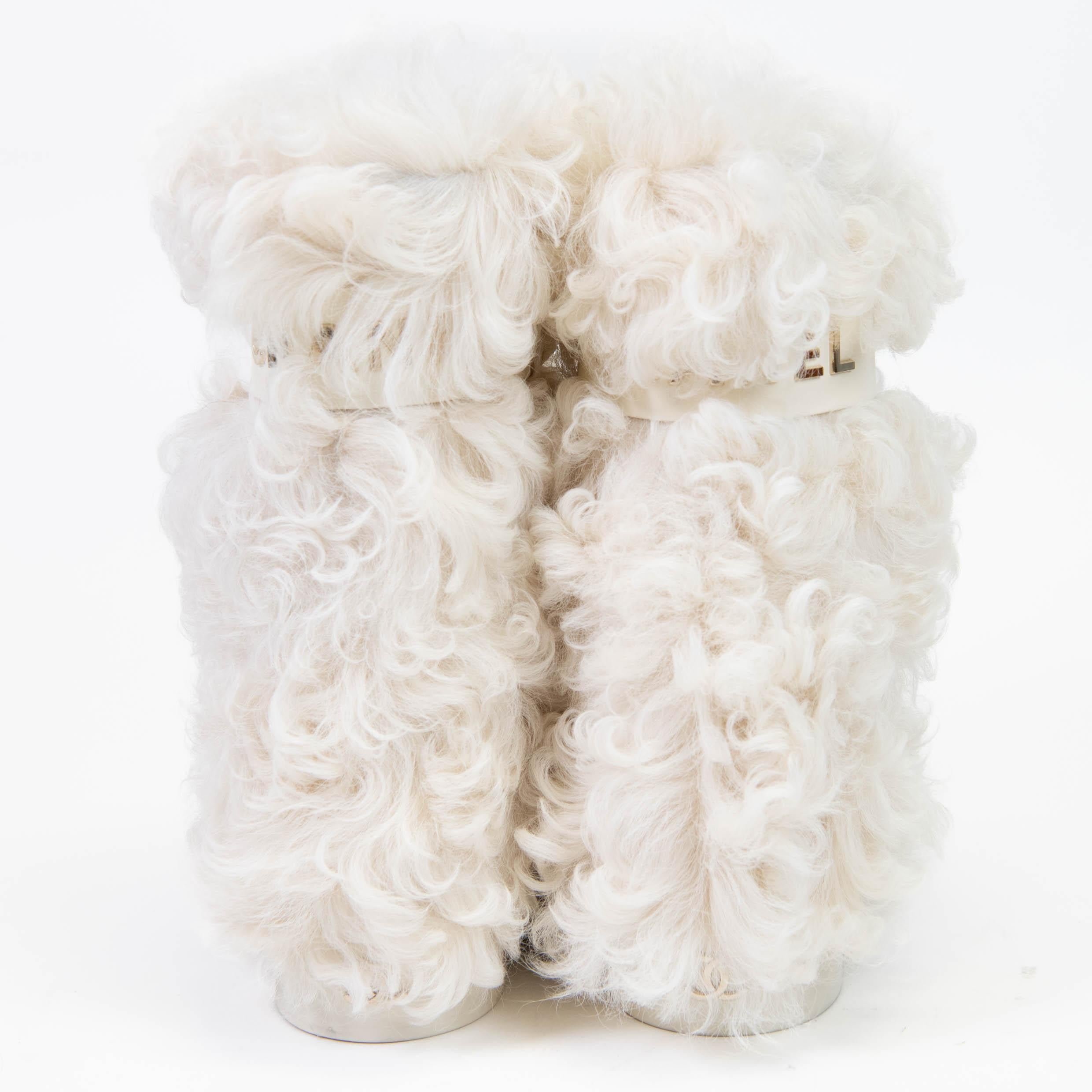 Chanel Ivory and Black Shearling Sheepskin High Boots 37.5 In Excellent Condition In Corona Del Mar, CA