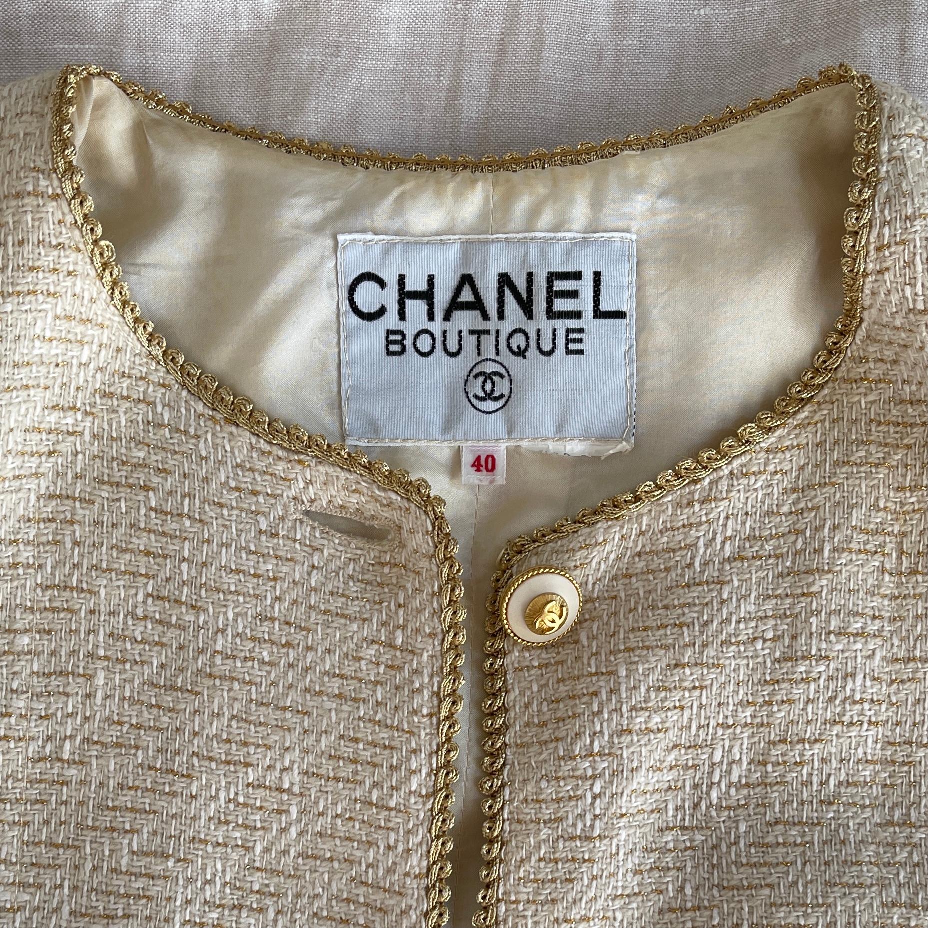Vintage Chanel Tweed Skirt Suit 2pieces Set Ivory and Gold  1