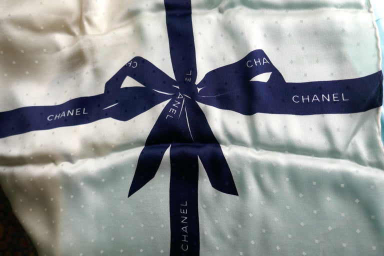 Chanel Ivory and Royal Blue Silk Ribbon Scarf at 1stDibs