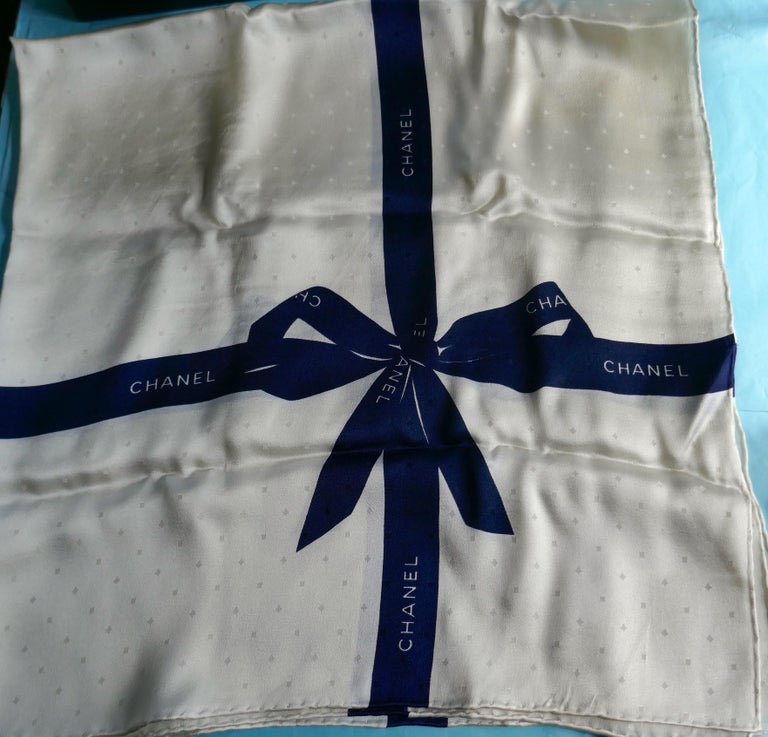 Chanel Ivory and Royal Blue Silk Ribbon Scarf at 1stDibs