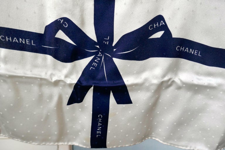 Chanel Ivory and Royal Blue Silk Ribbon Scarf at 1stDibs