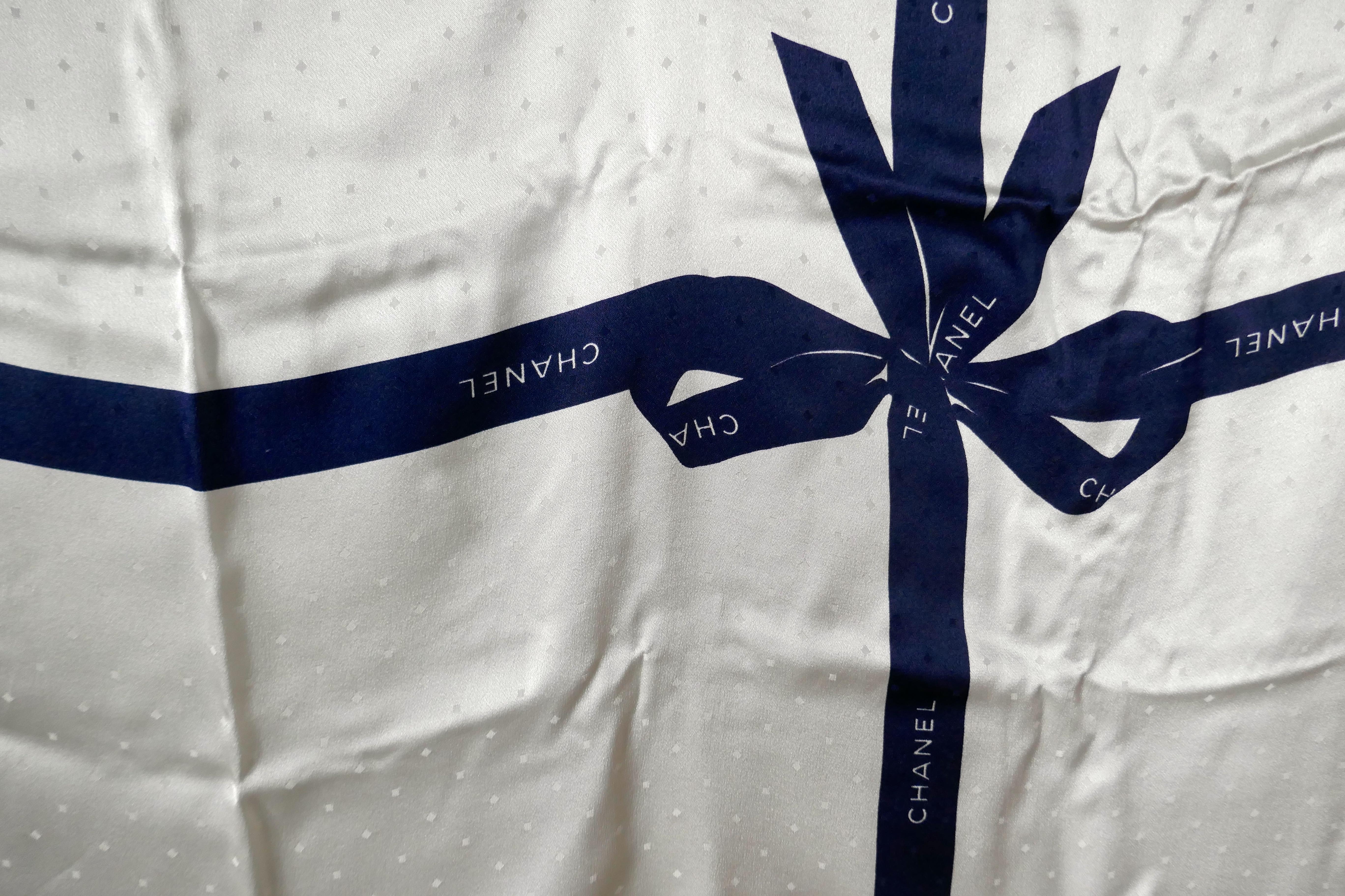 White Chanel Ivory and Royal Blue Silk Ribbon Scarf