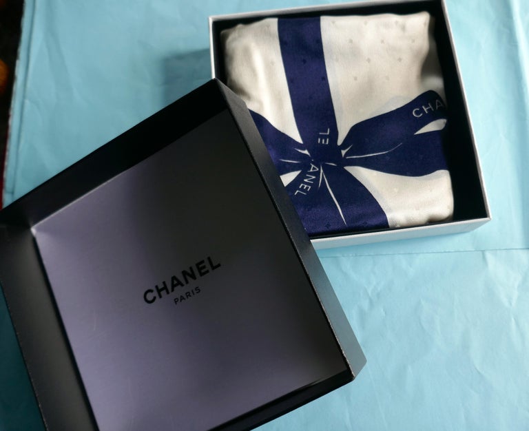 Chanel Ivory and Royal Blue Silk Ribbon Scarf at 1stDibs